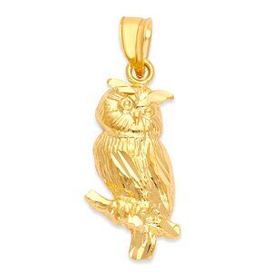 Solid 14k Gold Owl Pendant Necklace with Diamond Cut Finish